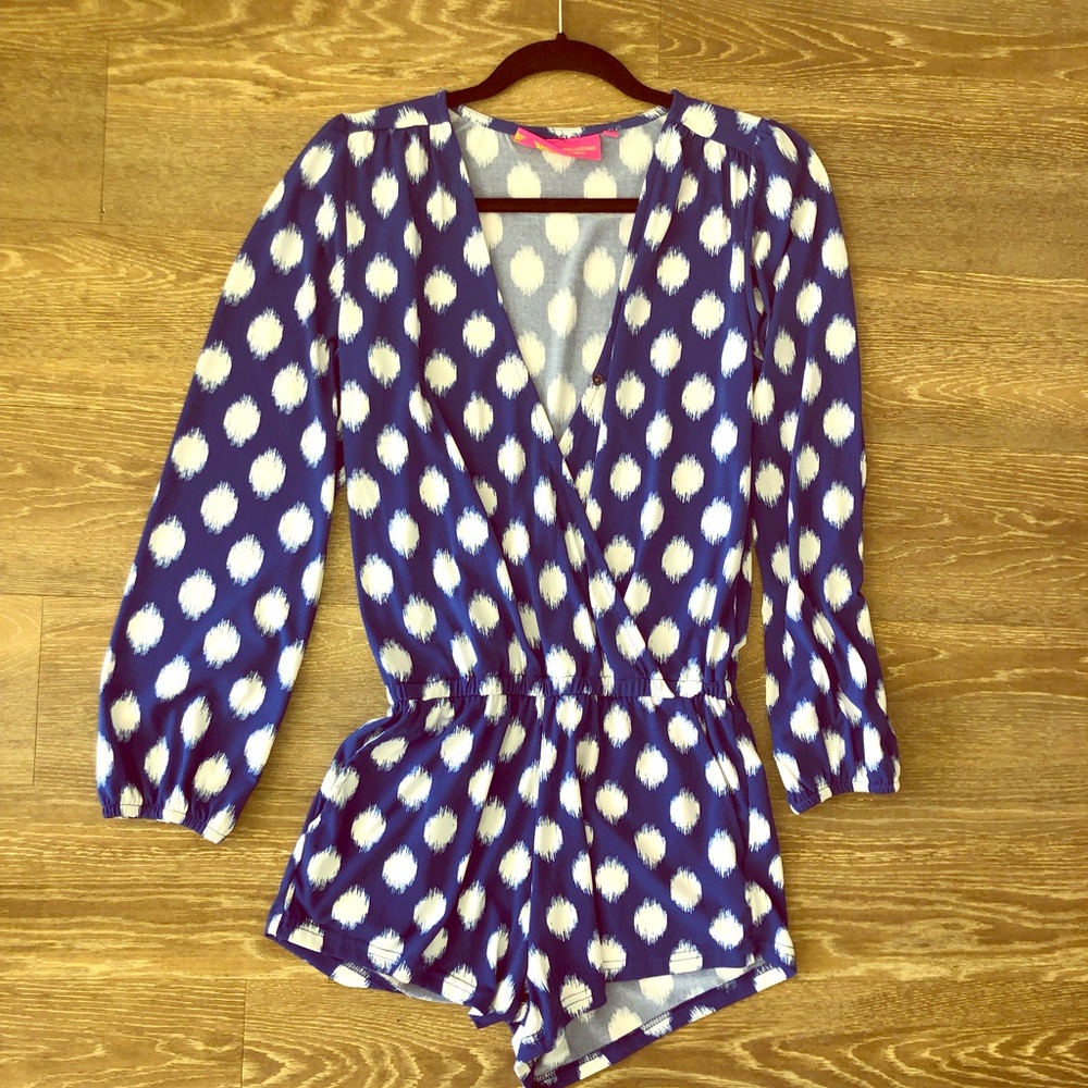 Blue and white polka dot romper size XS